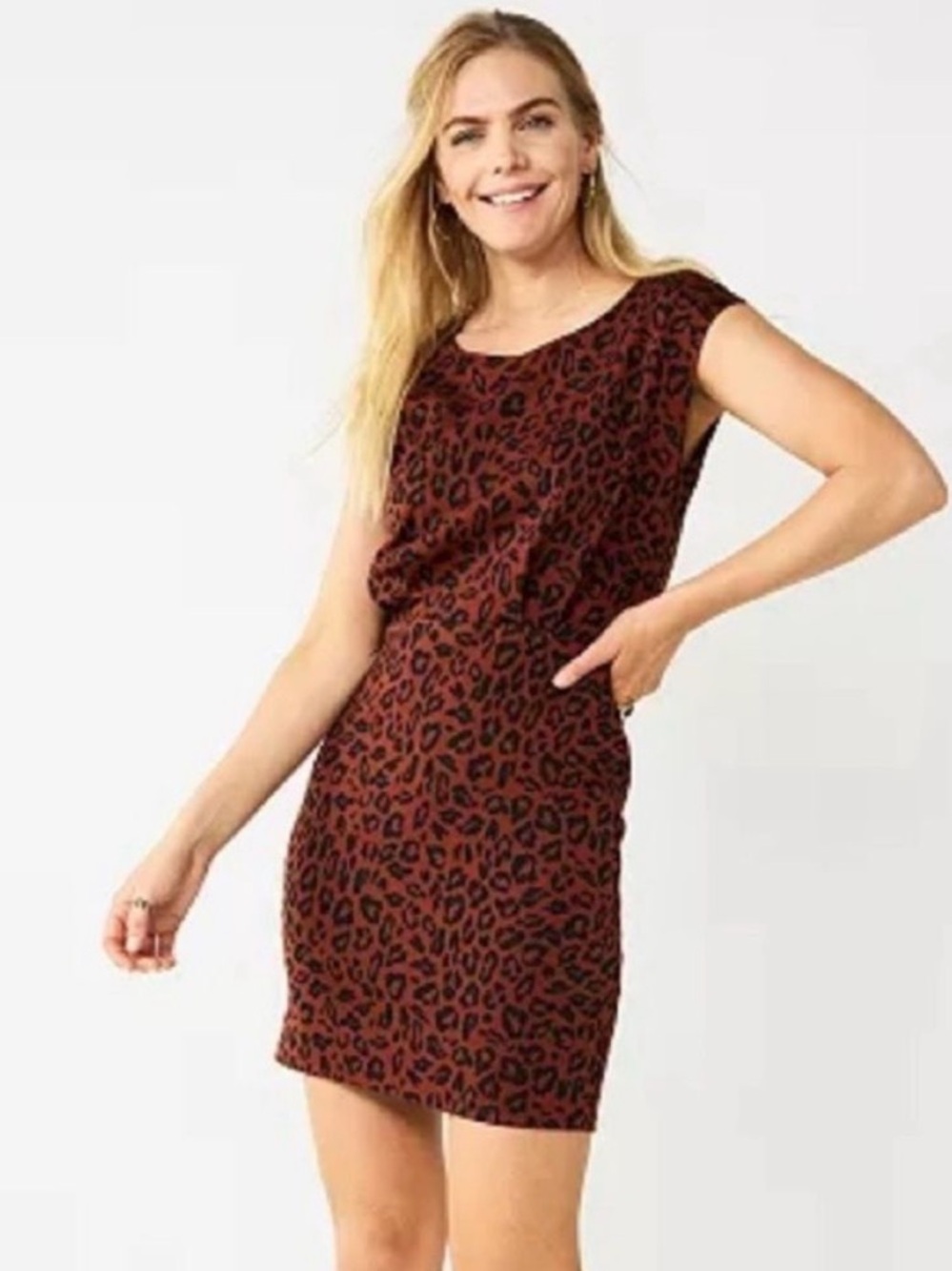 Nine West Leopard Print Cap Sleeve Ponte Sheath Mini Dress